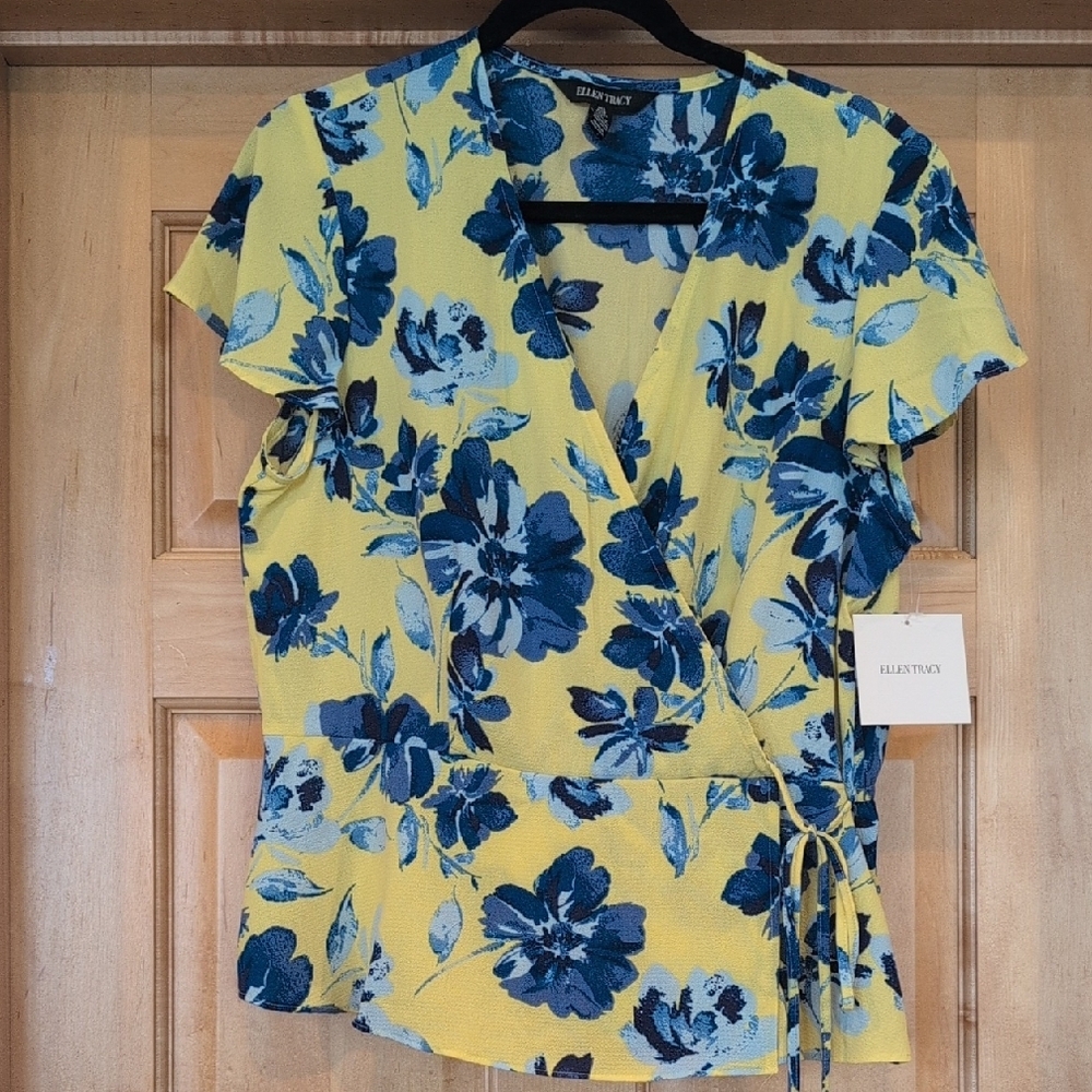 Ellen Tracy Blue and Yellow Floral Blouse - Picture 1 of 6